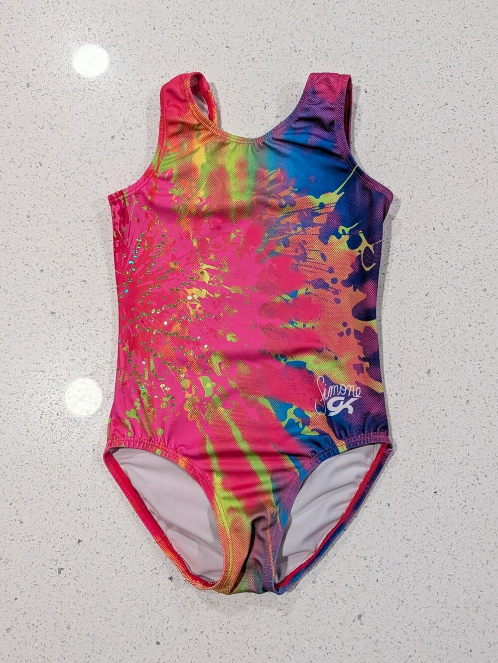 SIMONE BILES GK ELITE Medium Gymnastics Leotard NEON RAINBOW Tie-Dye STARBURST